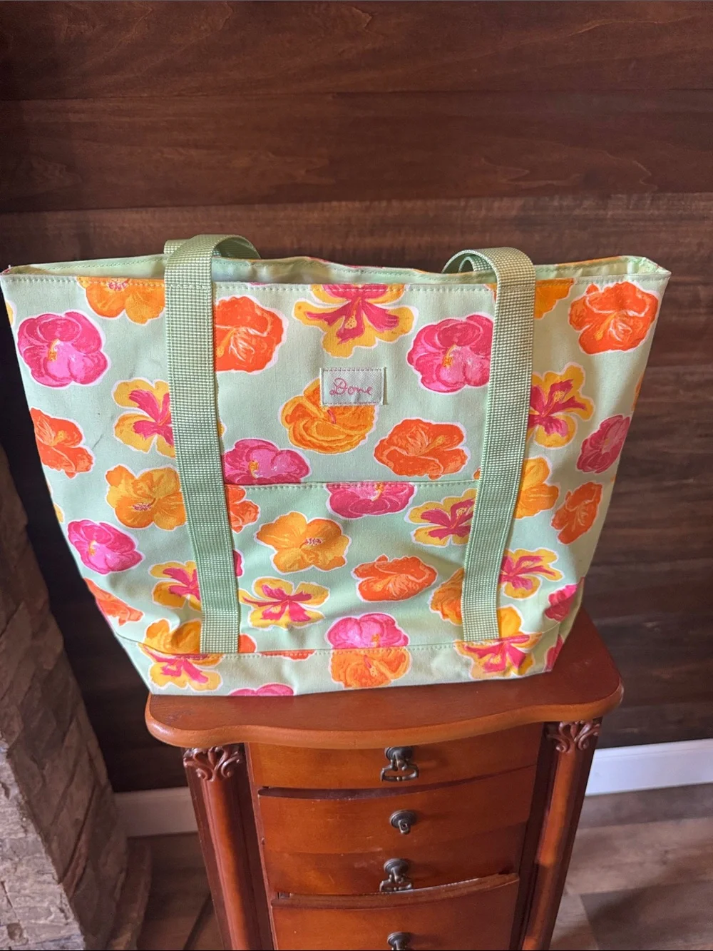 Mint Green Floral Tote with Pink & Orange Blooms